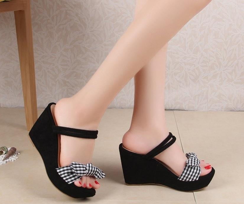 Sandal Wanita Model Terbaru Wedges Brukat Pita R40