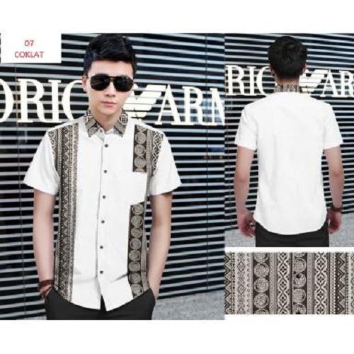 SUPPLIER GROSIR 15264 V23 BAJU KEMEJA PRIA LAKI-LAKI KOMBI BATIK PAKAIAN COWOK KEKINIAN MODERN KOKO MURAH TERMURAH WARNA PUTIH COMBI COKLAT BAHAN KATUN STRETCH