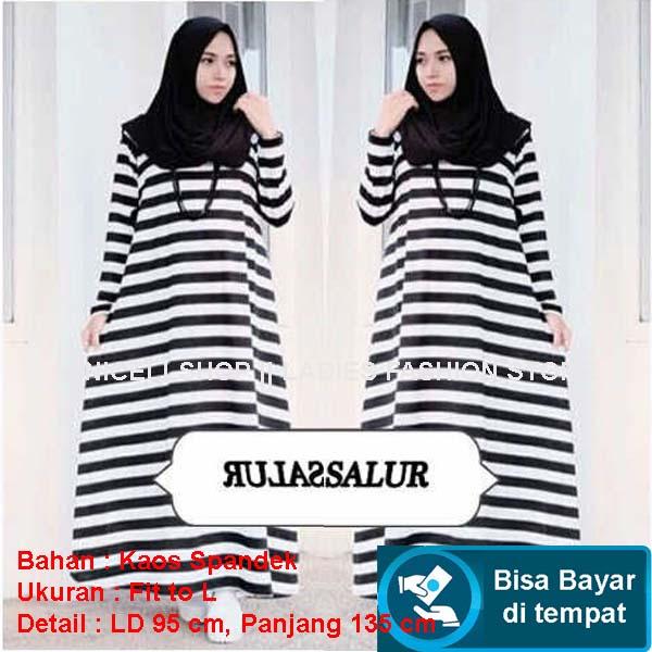 Dress Wanita Salur / Gaun Terusan Gaun Muslimah / Gaun Panjang Wanita / Gaun Pesta / Gaun Remaja / Maxi Gaun Muslimah / Maxi Dress Remaja / Kaos Terusan / Dress Mini / Dress Salur XX (DRESS SALUR) - Putih Hitam