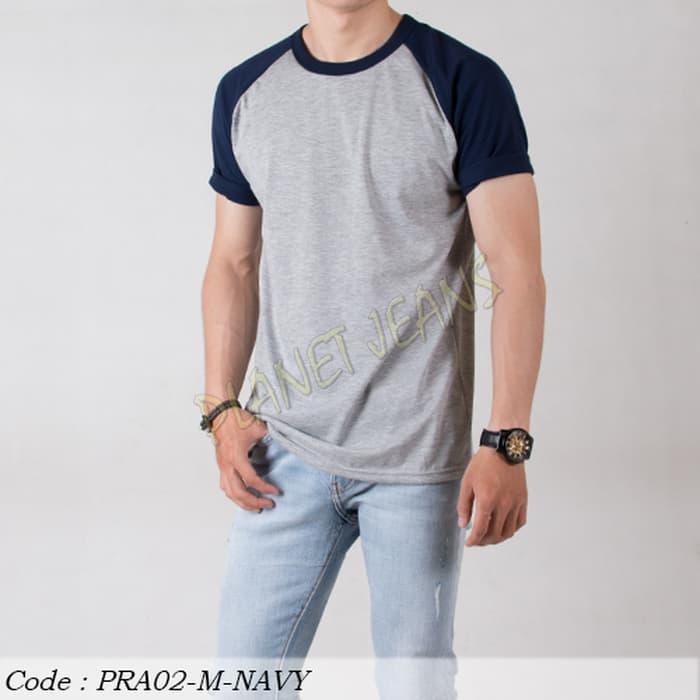 Baju Kaos Cowok Raglan Polos Lengan Pendek / Oblong Pria Polosan Navy - oTVnYo