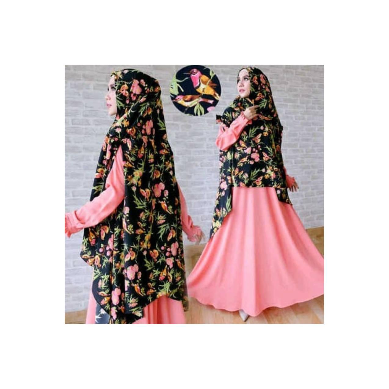 Gamis Syari Bahan Wolfis Khimar Cardi Pita Buble Pop Motif Bird