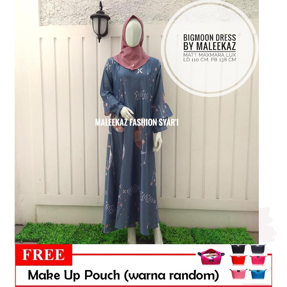 Promo..!!! Free Make Up Pouch - MaleekaZ Fashion Syar'i Gamis Syari Busui Motif Bunga / Baju Muslim Wanita Syar'i / Gaun Pesta Muslimah / Maxi Dress Lengan Panjang - Bigmoon dress - Biru