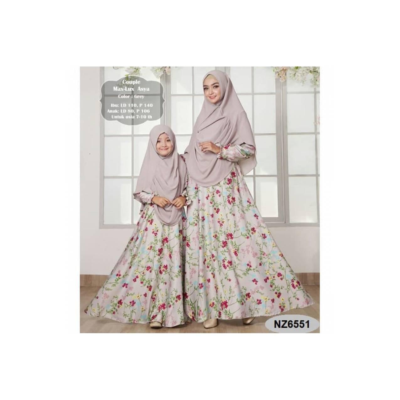 Gamis Syar I Set Khimar Couple Ibu Anak Motif Bunga NZ6551 - Abu-abu Muda