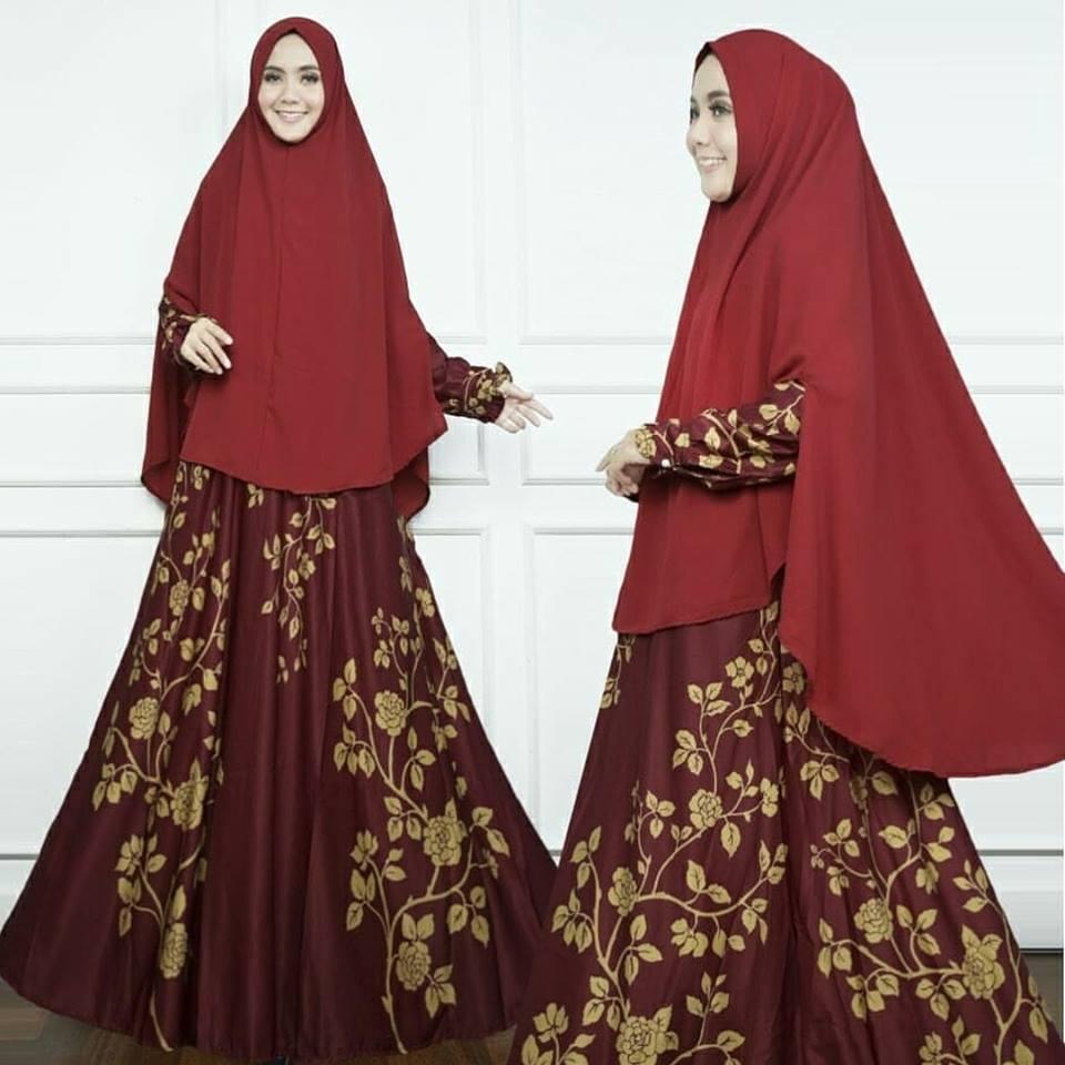 Maxi Dress Gamis Dewasa Syari Bunga Kecil Maroon