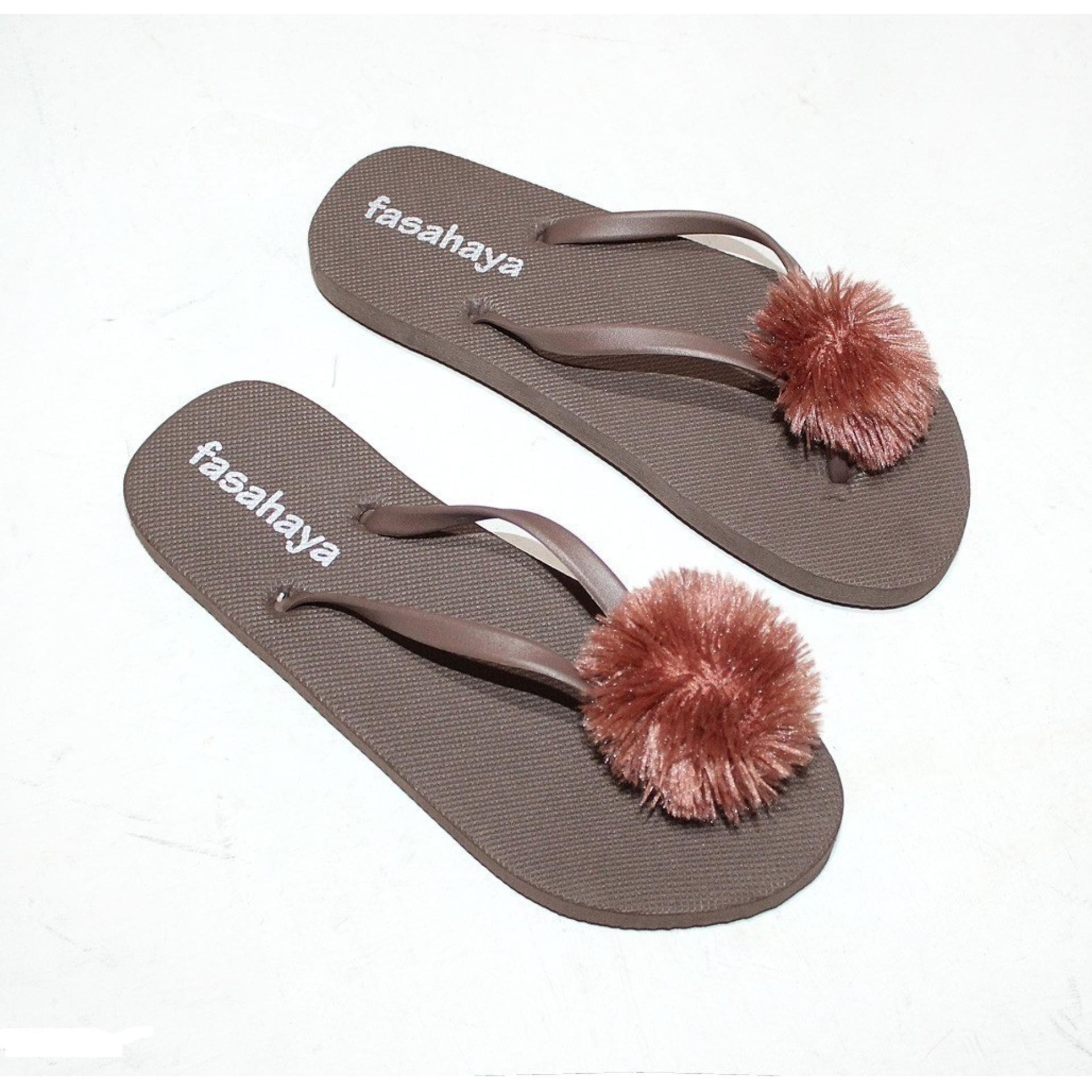 Fasahaya Sandal Pompom/Sendal Pompom Wanita Jepit Spon Teplek Santai Cantik Terbaru Murah Meriah JPT02 Cokelat