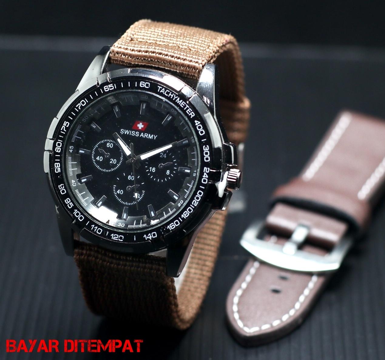 SWISS ARMY PAKET FASHION TRENDY_ANALOG QUARTZ JAM TANGAN PRIA TALI KANVAS ORY BODY STAINLESS ANTI KARAT FREE ( BOX SWISS ARMY & TALI KULIT) MODEL TERBARU