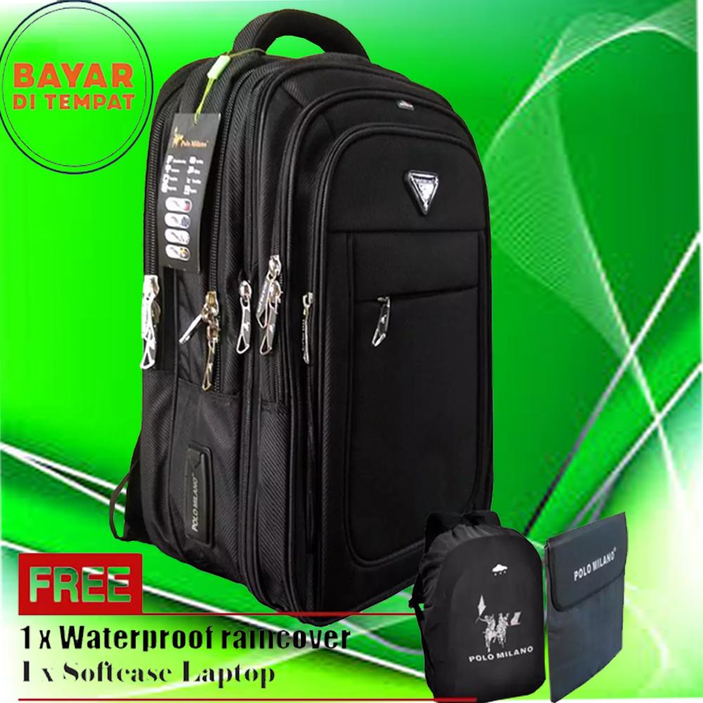 pelangi tas Polo Milano impor embosTas Ransel Tas Laptop Tas Punggung Tas Kerja dan Kuliah 88091-18 Highest Spec Polo Backpack Import Original - Black + Free Softcase Laptop + Free Raincover