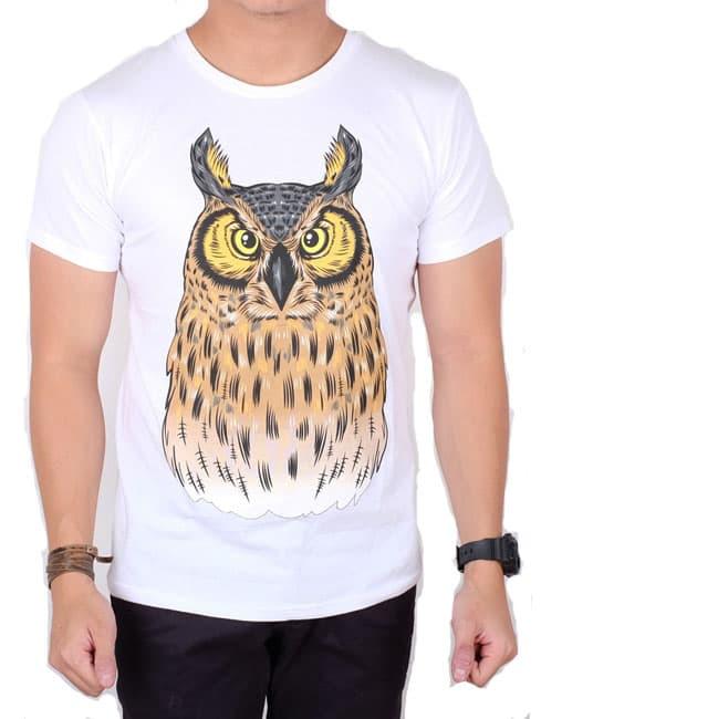 Menzu - T-Shirt Pria Lengan Pendek Basic White Owl 3D / Kaos Distro / Baju Cowok Sablon