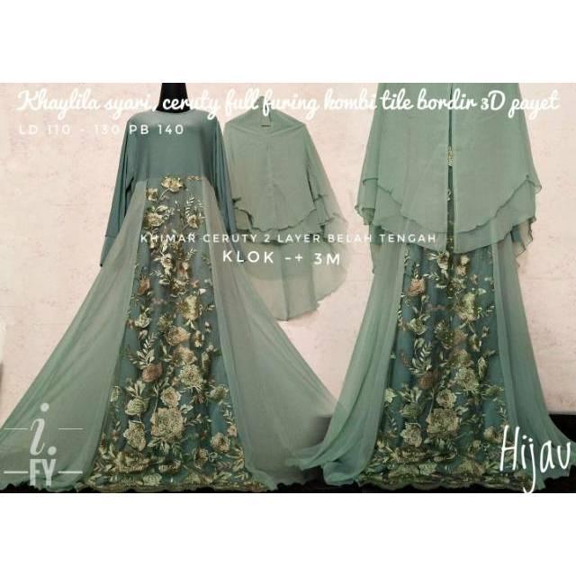 Realpict original set gamis syari baju pesta muslim brokat bordir cantik mewah khimar ceruty 2 layer (navy)