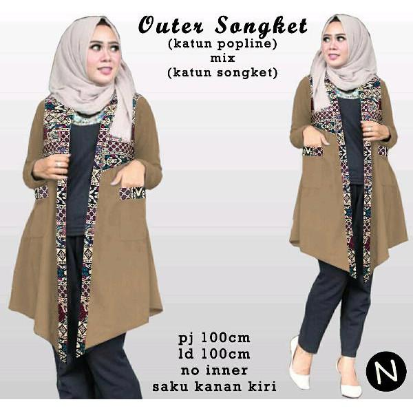 Hanya Hari Ini Cn 59209 Outer Songket Katun Etnik Batik Coklat Saku Cardigan Cardi Blazer Luaran