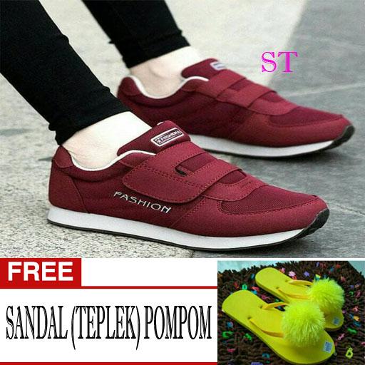 Sepatu wanita sneakers/Sepatu wanita flat/Sepatu wanita wedges/Sepatu wanita heels/Sepatu wanita murah/Sepatu wanita kickers/Sepatu wanita import KETS SPON (FASHION MARUN) free SANDAL (TEPLEK) POMPOM