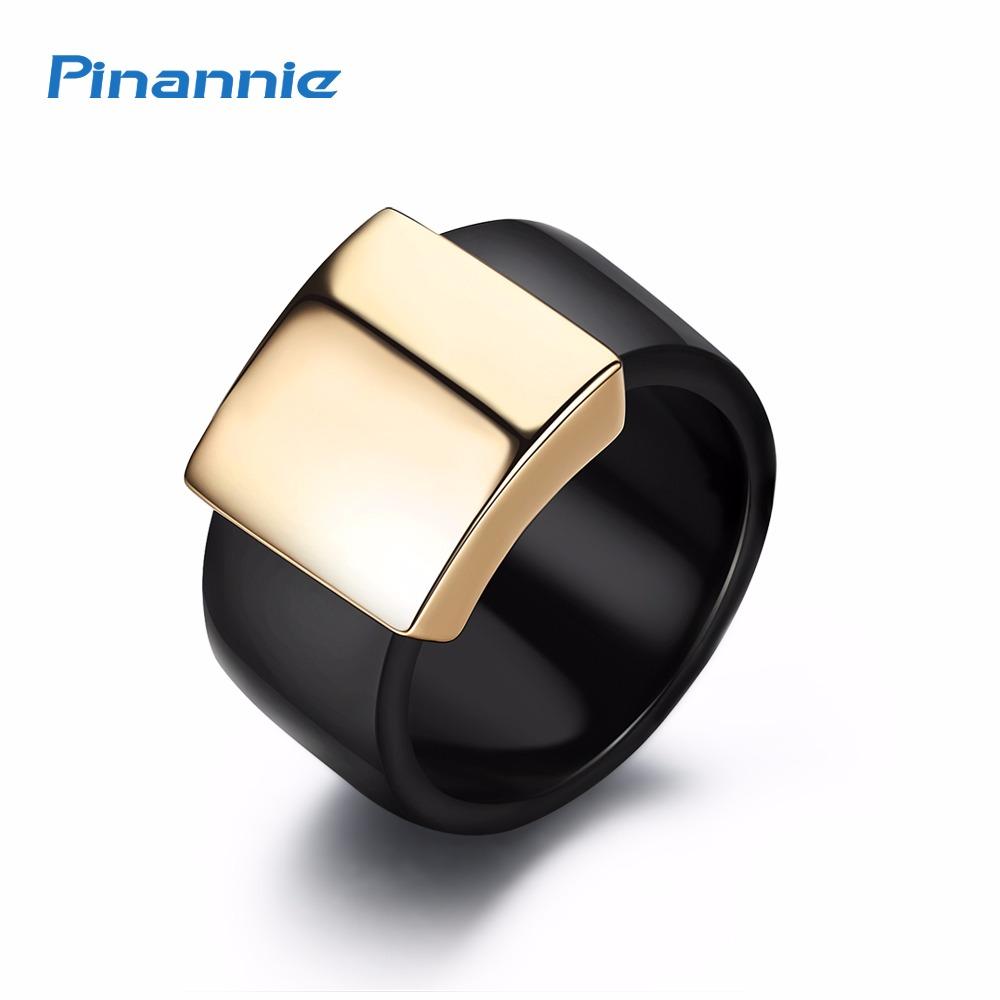 Pinannie Rose Gold Berlapis Mengkilap Sisi Akrilik Hitam Cincin For Pria And Wanita