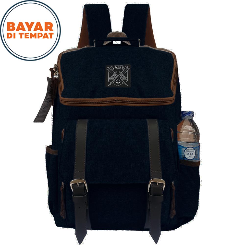 Tas Backpack Pria Wanita Kanvas Tas Ransel Lahiq 7202 Ransel Kuliah Korean Style Korean Bag Unisex Tas Cowok Tas Cewek New Design - Black