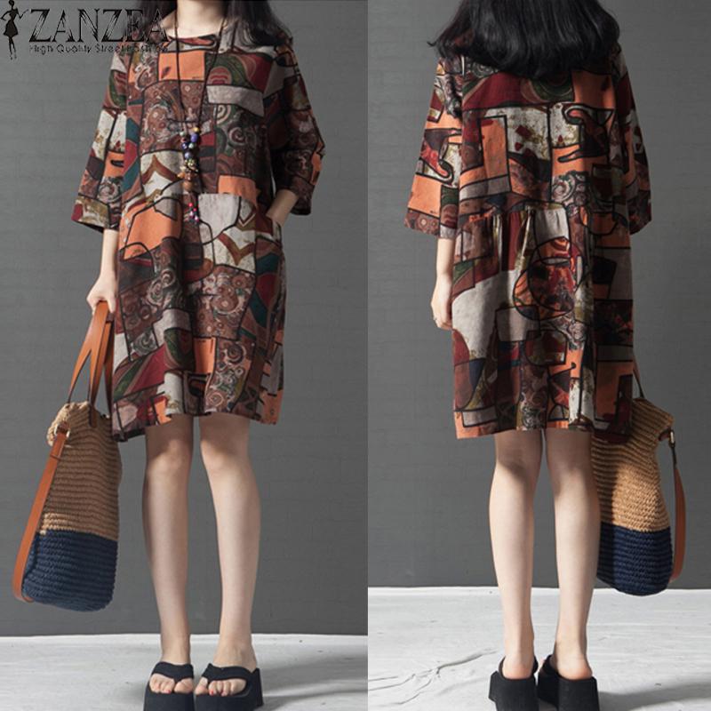 ZANZEA Wanita Round Leher Floral Printed Cotton Gaun Elegan Ladies 3/4 Kasual Lengan Baju Longgar Kaftan Vestido -Intl