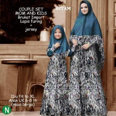 (TERBARU) 14601 14602 COUPLE MOM AND KIDS BAJU MUSLIM SYARI GAMIS PASANGAN IBU ANAK LENGAN PANJANG GROSIR MRAH (Hitam)