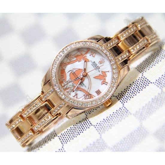 Jam Tangan Wanita / Cewek Rolex Romawi Daun Rantai Rosegold