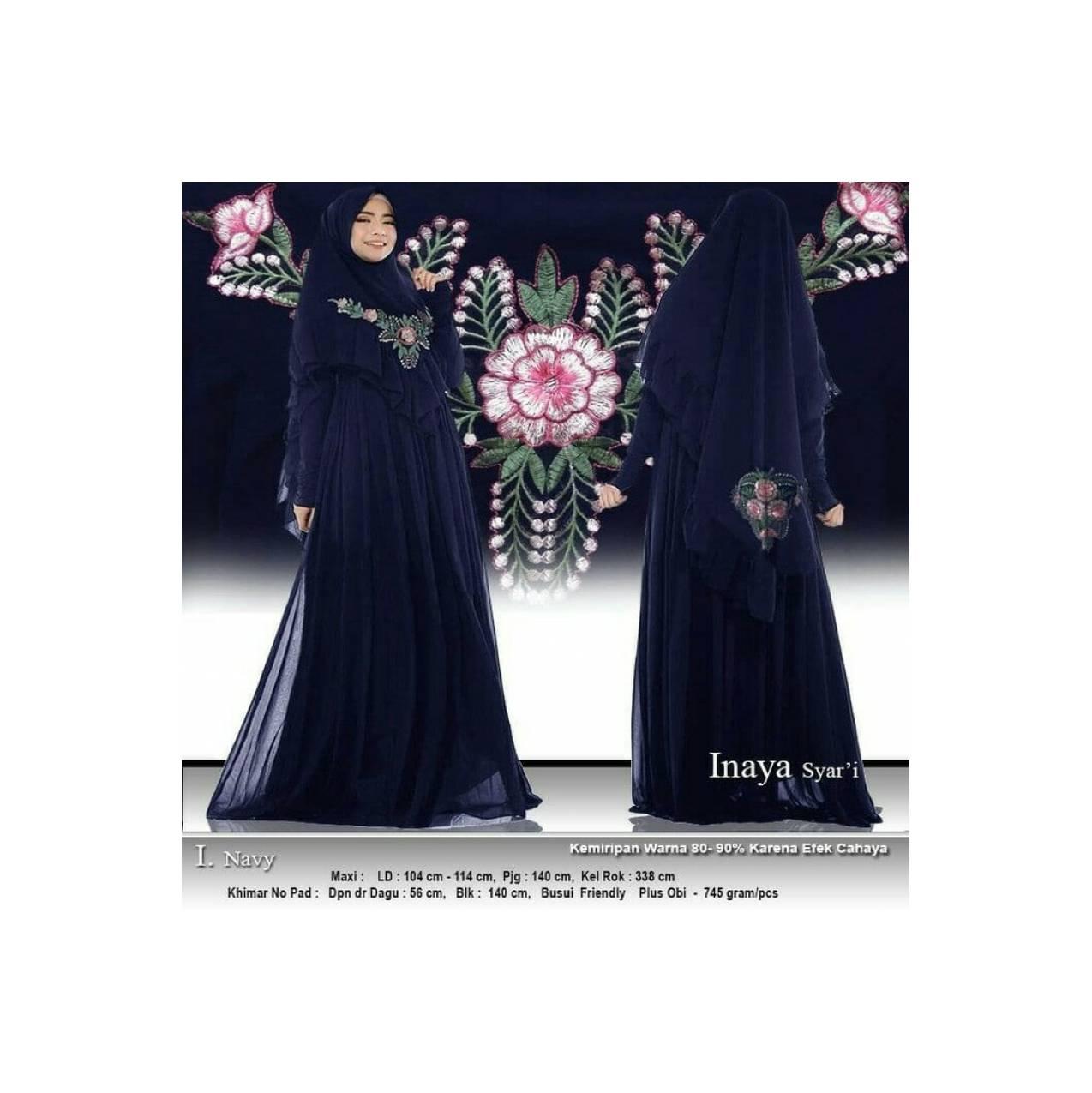 Baju Busana Muslim Gamis Maxy Wanita/Pakaian Maxy Bordir Inaya Navy