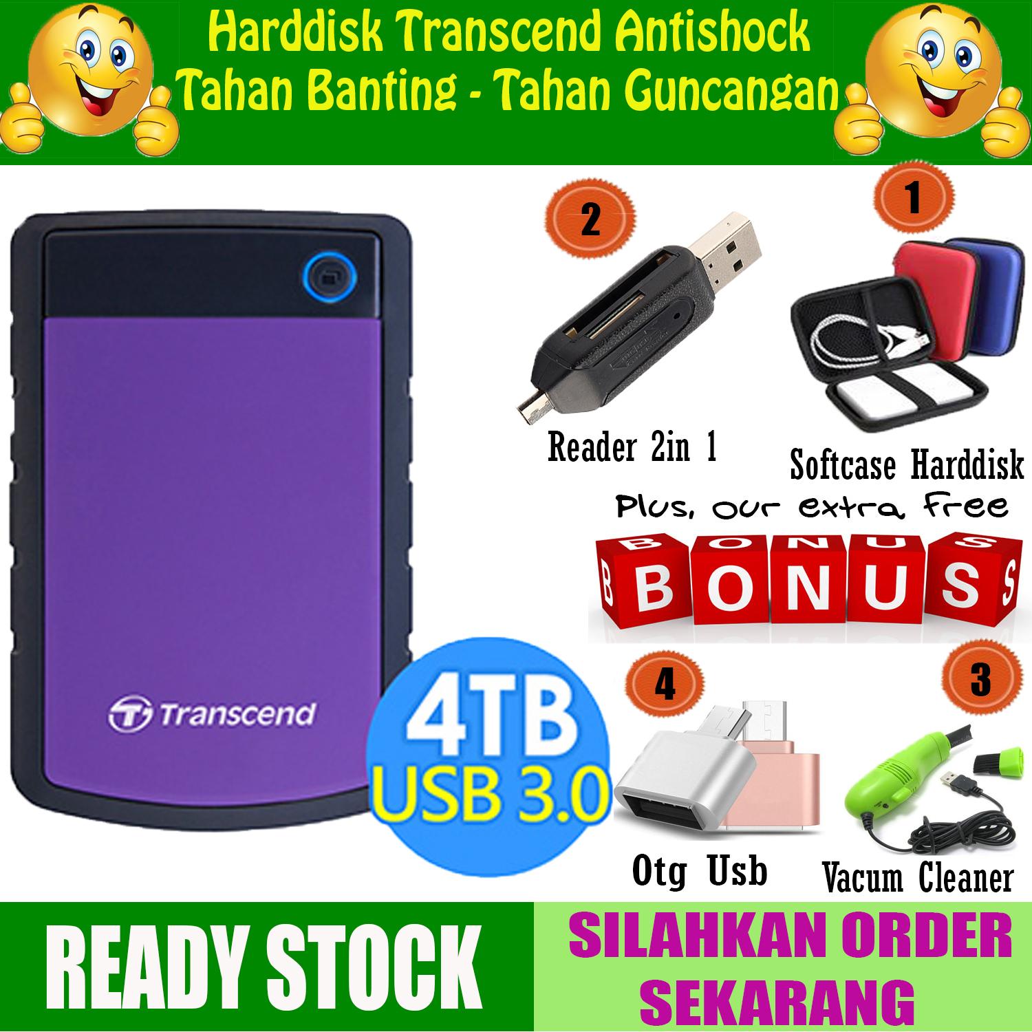 Transcend Storejet 25H3 / H3B 4TB HDD / HD / External Harddisk Antishock Tahan Banting GRATIS Softcase Harddisk + Otg Usb + Reader 2in 1 + Pembersih Mini USB Vacuum Keyboard Cleaner Laptop Computer PC Vacum