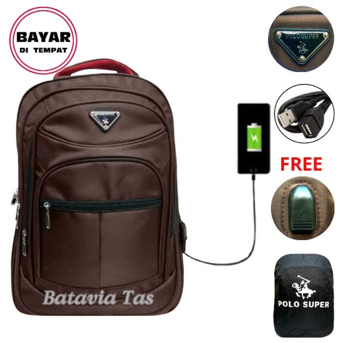 Tas Ransel Laptop Polo Super Tas Ransel Pria Tas Ransel Wanita Tas Laptop Tas Laptop Murah Tas Ransel laptop Usb Port Charge Tas Punggung Tas Kerja Tas Kuliah Tas Ransel Laptop Import Brown2 + Waterproof Raincover