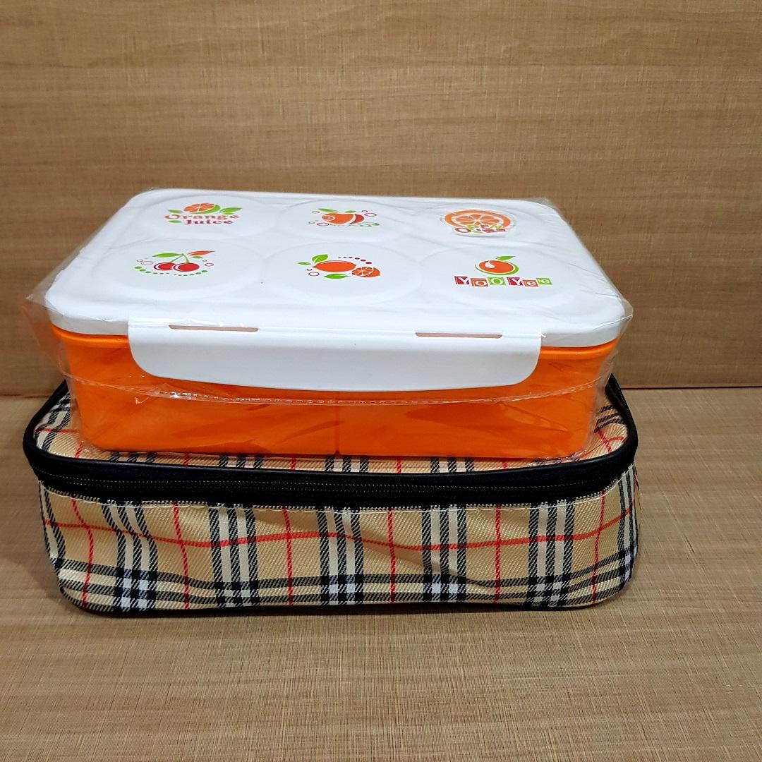 Kotak Makan BPA Free Lunch Box Yooyee dengan Tas Bekal motif Kotak Burberry