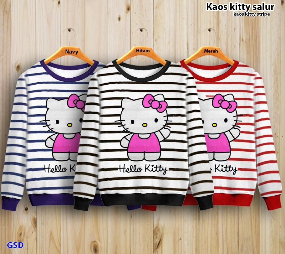 Baju wanita/ baju atasan wanita / kaos lengan panjang / baju belang karakter / baju kaos murah / Kaos kitty salur