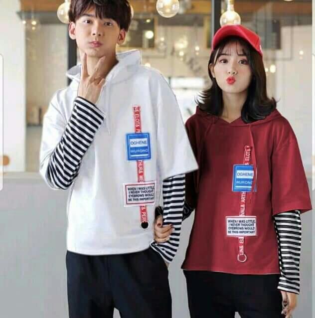 Tj-fashion kaos couple cp v salur combinasi(L.putih-W.marun)-kaos couple lengan panjang-kaos kembaran-kaos pasangan-harga sepasang-couple fashion