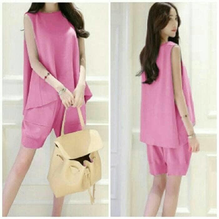 Setelan Wanita Blouse + Celana 2In1 Sweet Pink Mika Summer Ootd Style