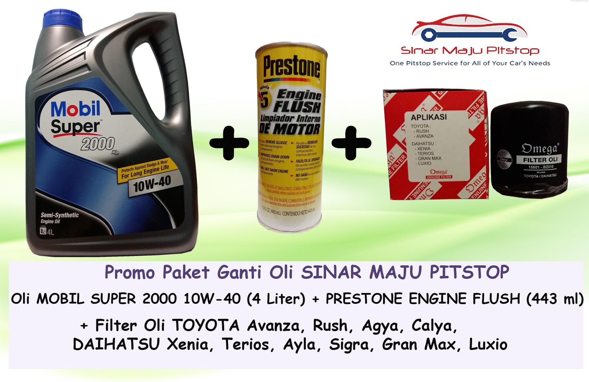 Promo Paket Ganti Oli MOBIL SUPER 2000 10W-40 API SN 4 LITER & Prestone Engine Flush & Filter Oli DAIHATSU XENIA & DAIHATSU TERIOS ORIGINAL