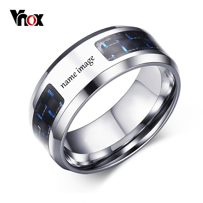 Vnox Personalisasi Gambar Logo Nama 8 Mm Cincin Serat Karbon untuk Wanita Pria Baja Anti Karat Cincin Pernikahan Kasual Perhiasan Pria Wanita-Intl
