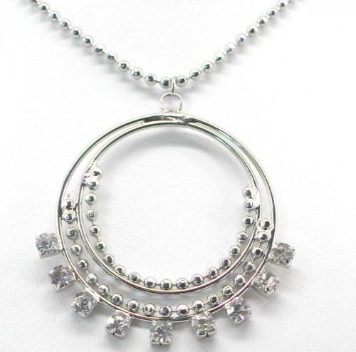 Kalung Rantai Rhodium Liontin 2-Lingkaran Dengan Hiasan Bola-Bola Kecil dan 9-Kristal DAS-00016-J
