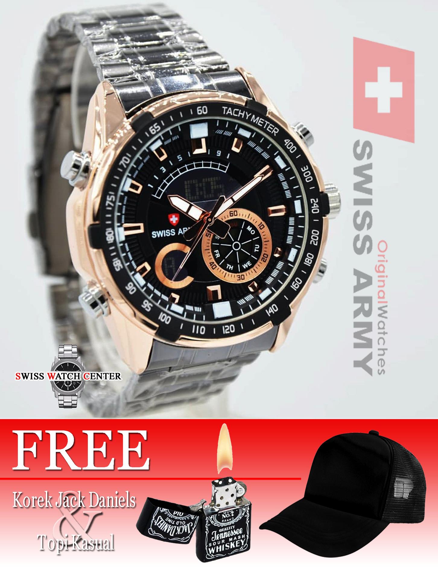 Swiss Army Dual Time Original - Grand-Prix - Jam Tangan Pria - Stainless Steel - Fitur Lengkap - Bonus Topi Dan Korek JACK DANIELS
