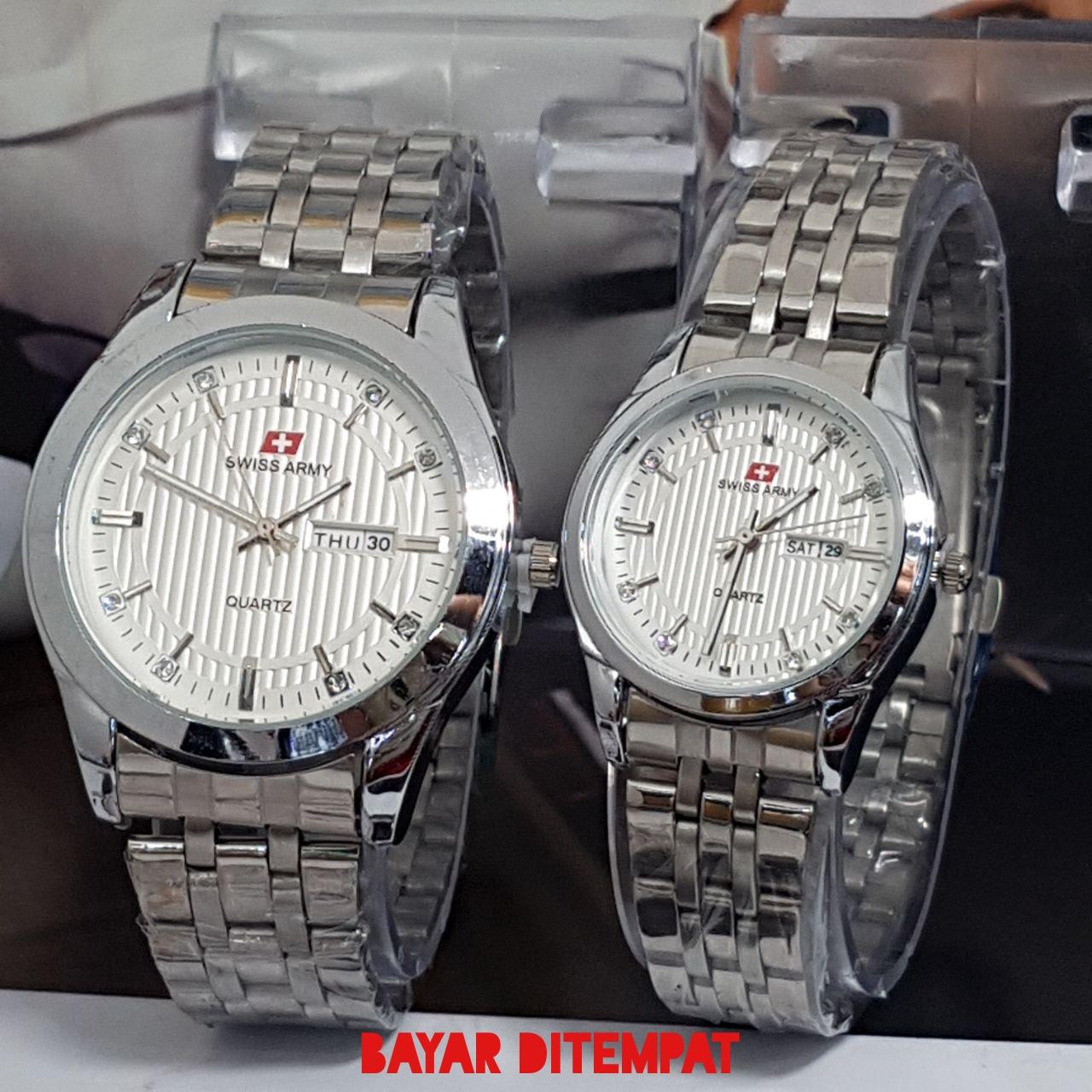 SWISS ARMY FASHION COUPLE/PASANGAN TRENDY CASUAL FITUR TANGGAL HARI AKTIF BODY STAINLESS STEEL TALI RANTAI MODEL TERBARU