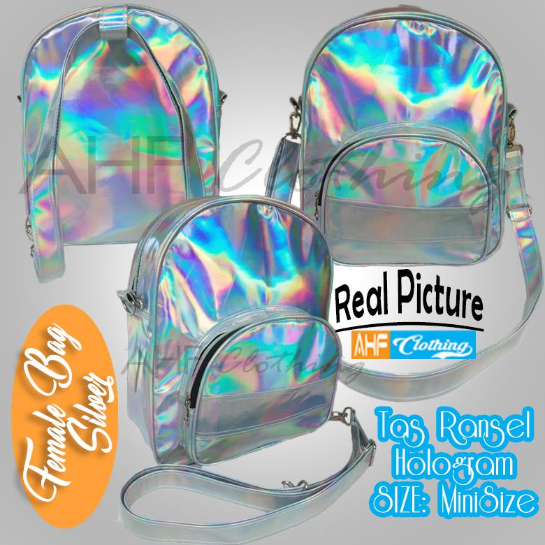 Tas Ransel Mini Travel Santai Sekolah Cewek Keren Warna Perak Laser Hologram