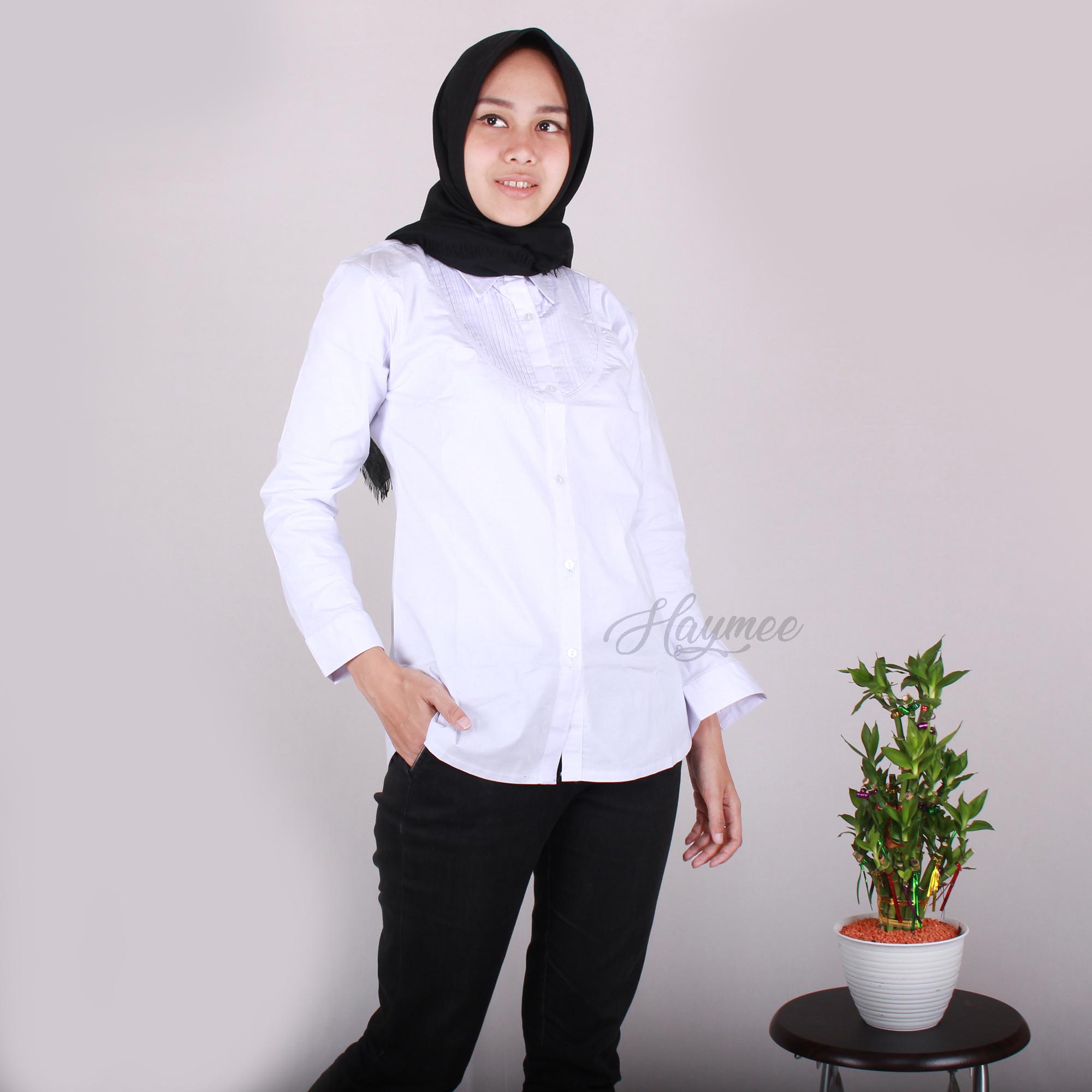 HaymeeStore Kemeja Rempel Putih Polos Wanita Baju Kantor Cewek Formal Atasan Kerja cewe Bahan Katun Strecth 