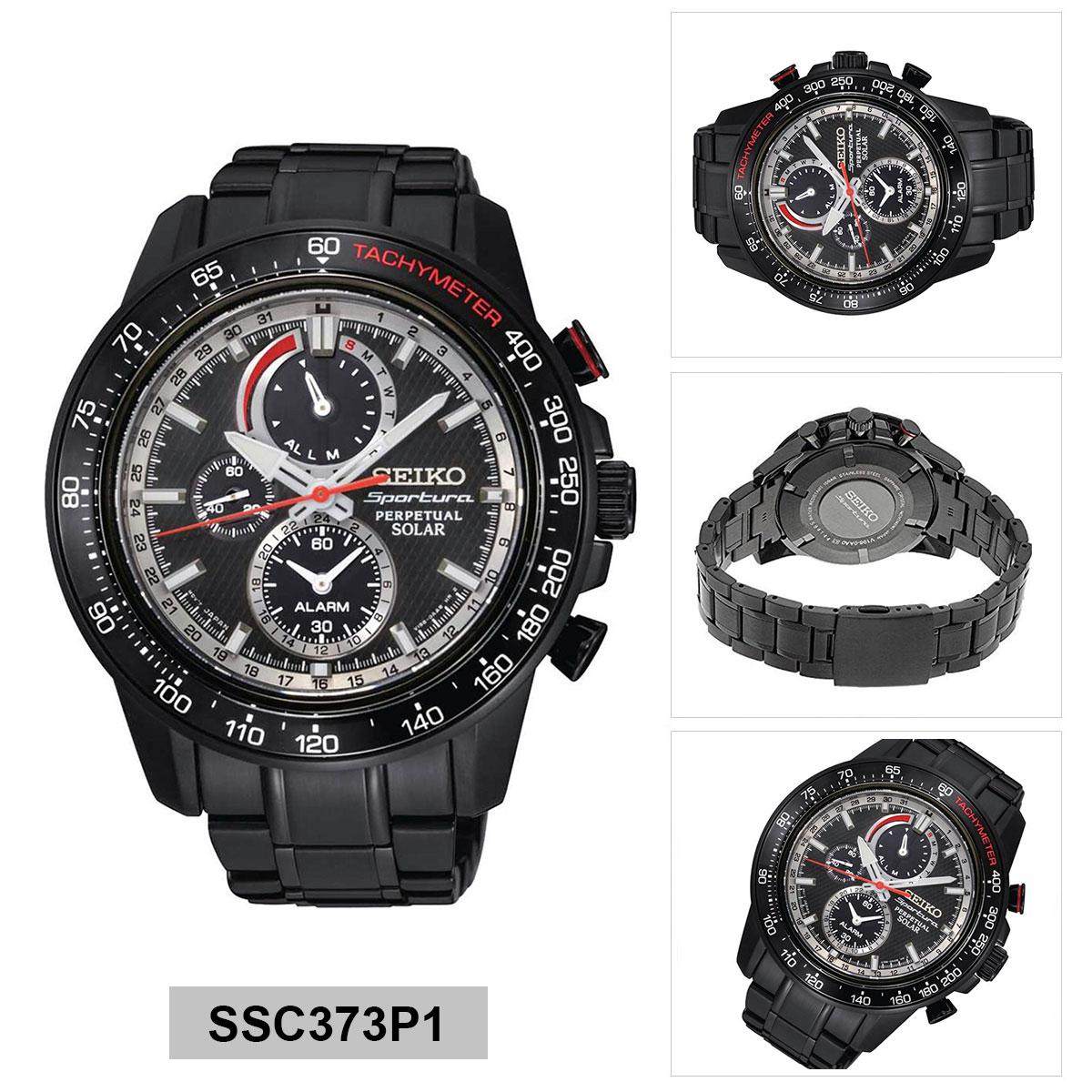 Seiko Seiko Sportura Perpetual Solar Black Stainless-Steel Case Stainless-Steel Bracelet Mens NWT + Warranty SSC373P1