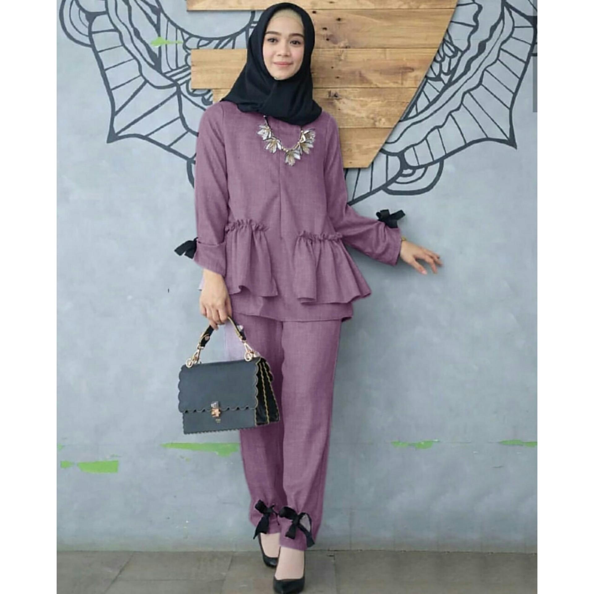 trendshopee Pakaian Muslim Wanita Setelan Velove Atasan Dan Celana Panjang