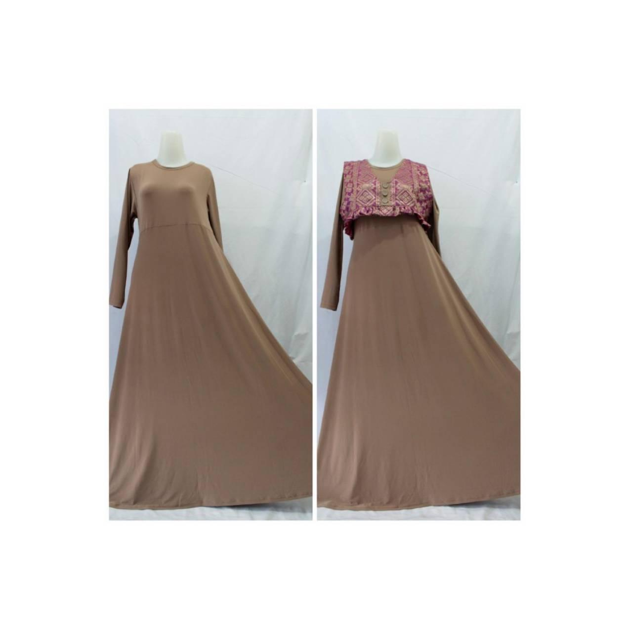 Baju Gamis Cardigan Dengan Rompi Songket Motif Etnik Warna Coklat 7
