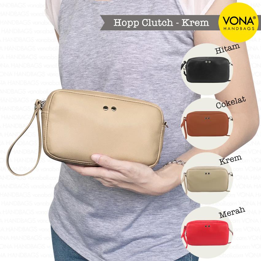 VONA Hopp Clutch (Beige) - Tas Clutch Dompet Crossbody Bag Selempang Wanita Kulit Sintetis Murah Best Seller New Arrival Korean Fashion Pouch Hape Handphone Tas Tangan Handbag Casual Makeup Tali Panjang