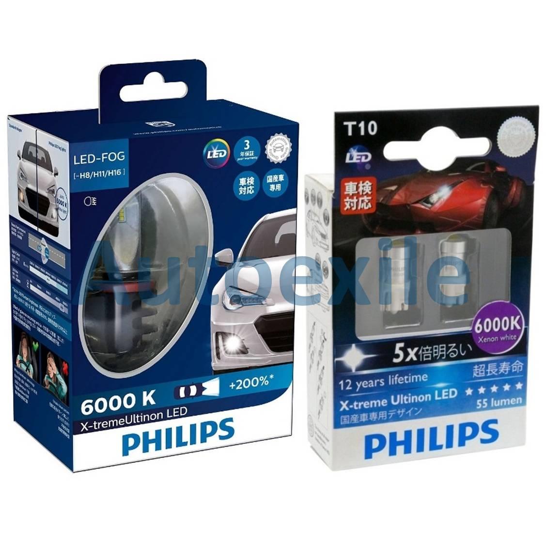 Paket Philips X-treme Ultinon LED H8 H11 H16 Lampu Depan Kabut dan Xtreme Ultinon T10 6000K Putih Lampu Senja Mobil