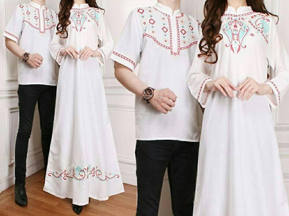 COUPLELOVER-COUPLE MAXI BUSANA MUSLIM COUPLE MAXI SAKINAH WHITE BORDIRAN (PRIA L+WANITA M) FASHION HIJAB BUSANA MUSLIM PASANGAN