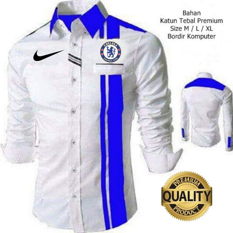 baju kemeja bola Chelsea Full bordir Type B2 putih strip biru
