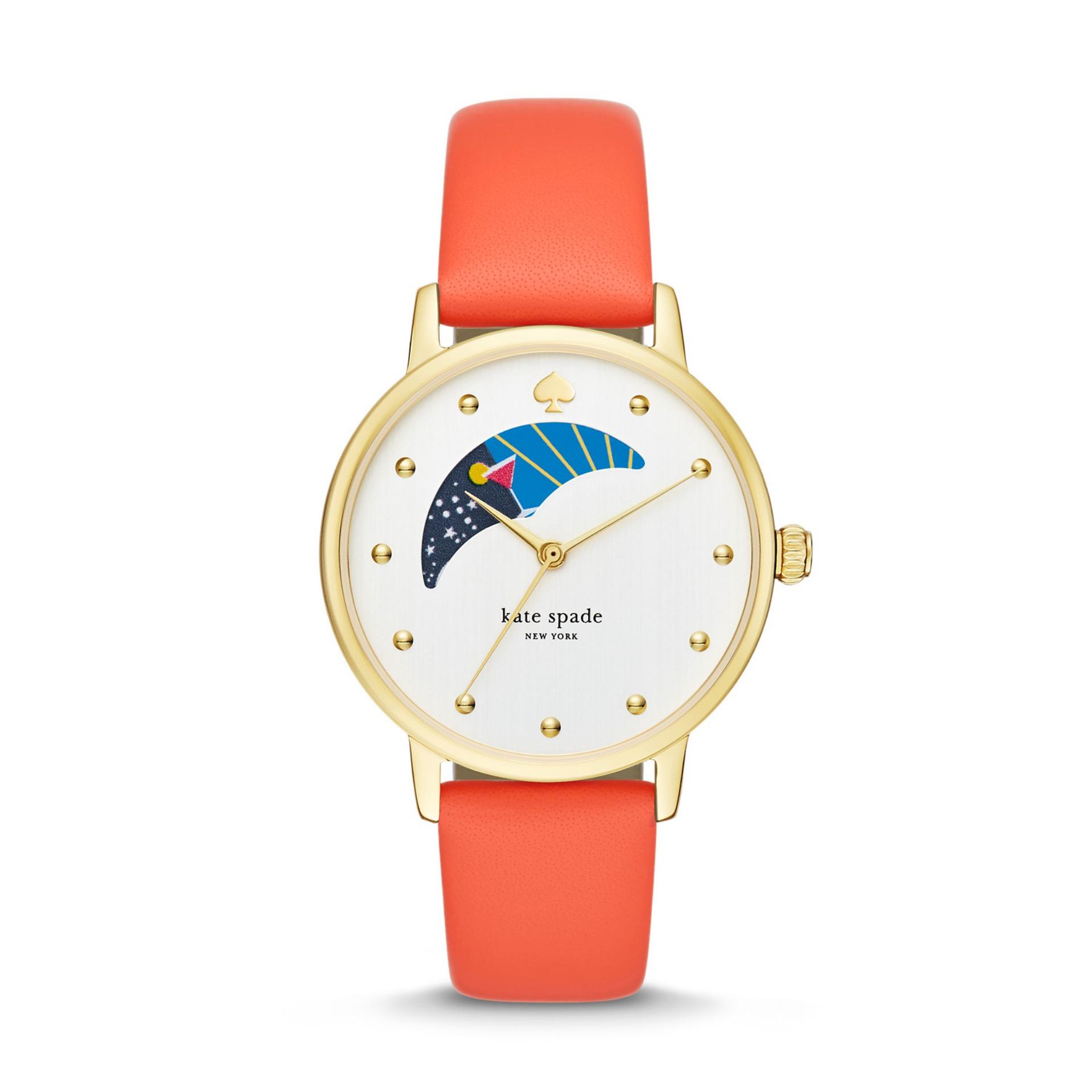 Kate Spade Metro - White Moonface Round Dial 34mm - Leather Strap - Orange - Jam Tangan Wanita - KSW1074 - SL