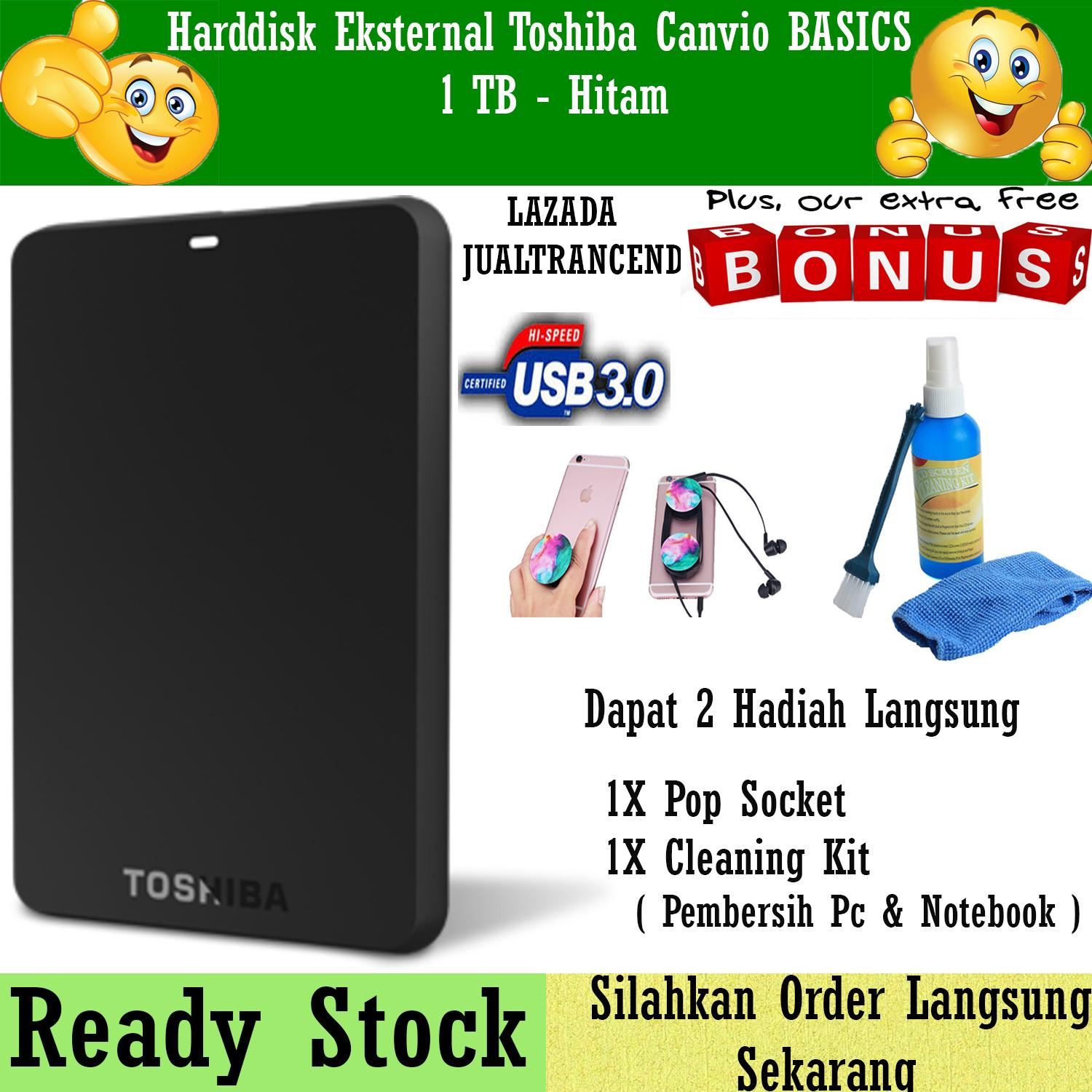 Toshiba Canvio Basic 1TB - HDD / HD / Hardisk Eksternal - Hitam - Gratis Pop Socket + Cleaning Kit ( Pembersih Pc & Notebook )