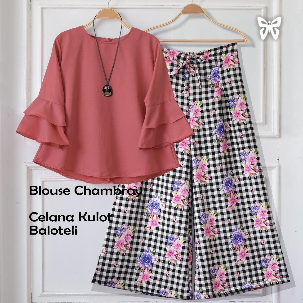 Flavia Store Setelan Wanita Motif Bunga FS0732 - MERAH HITAM / Stelan Muslimah / Atasan Baju Blouse Kemeja Lengan Panjang Terompet Bawahan Celana Kulot Muslim / Srchantika