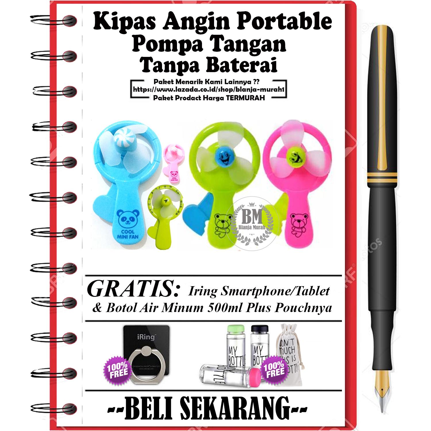 Kipas Angin Portable Pompa Tangan Tanpa Baterai - GRATIS Iring Smartphone/Tablet & Botol Air Minum 500ml Plus Pouchnya