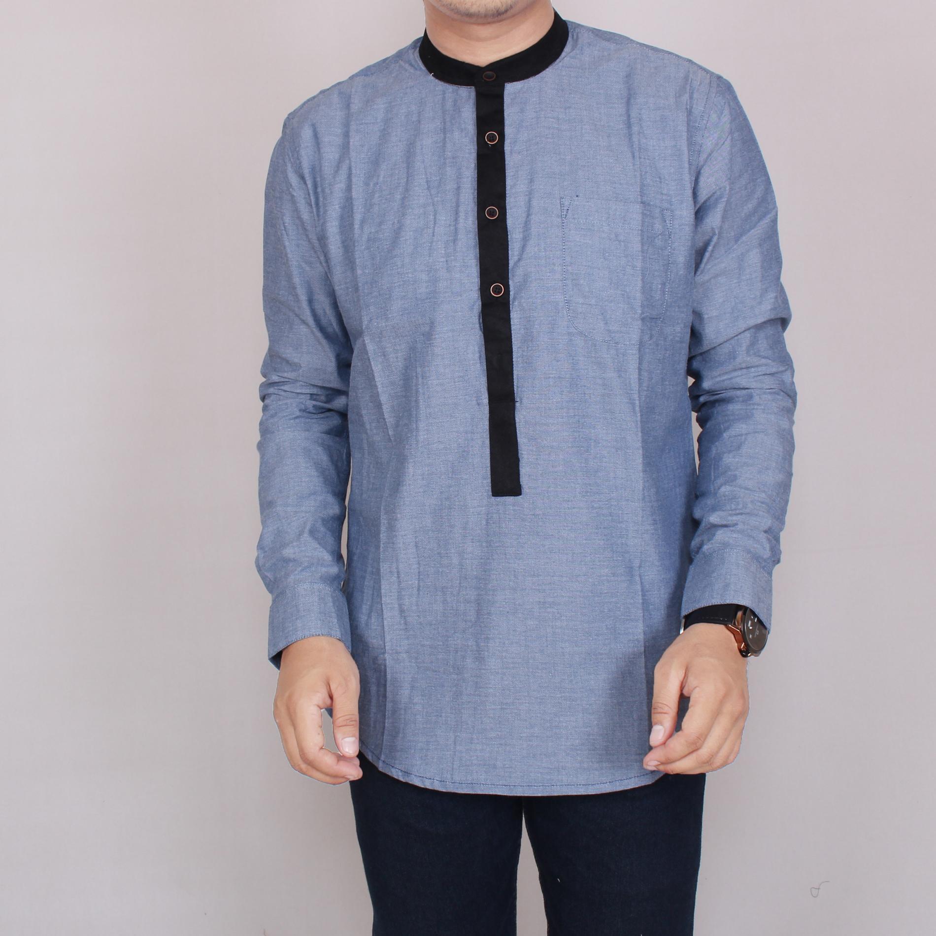 Zoeystore 5864 Baju Koko Pria Exclusive Baju Muslim Pria Baju Koko Polos Baju Koko Lengan Panjang Elegan Light Blue