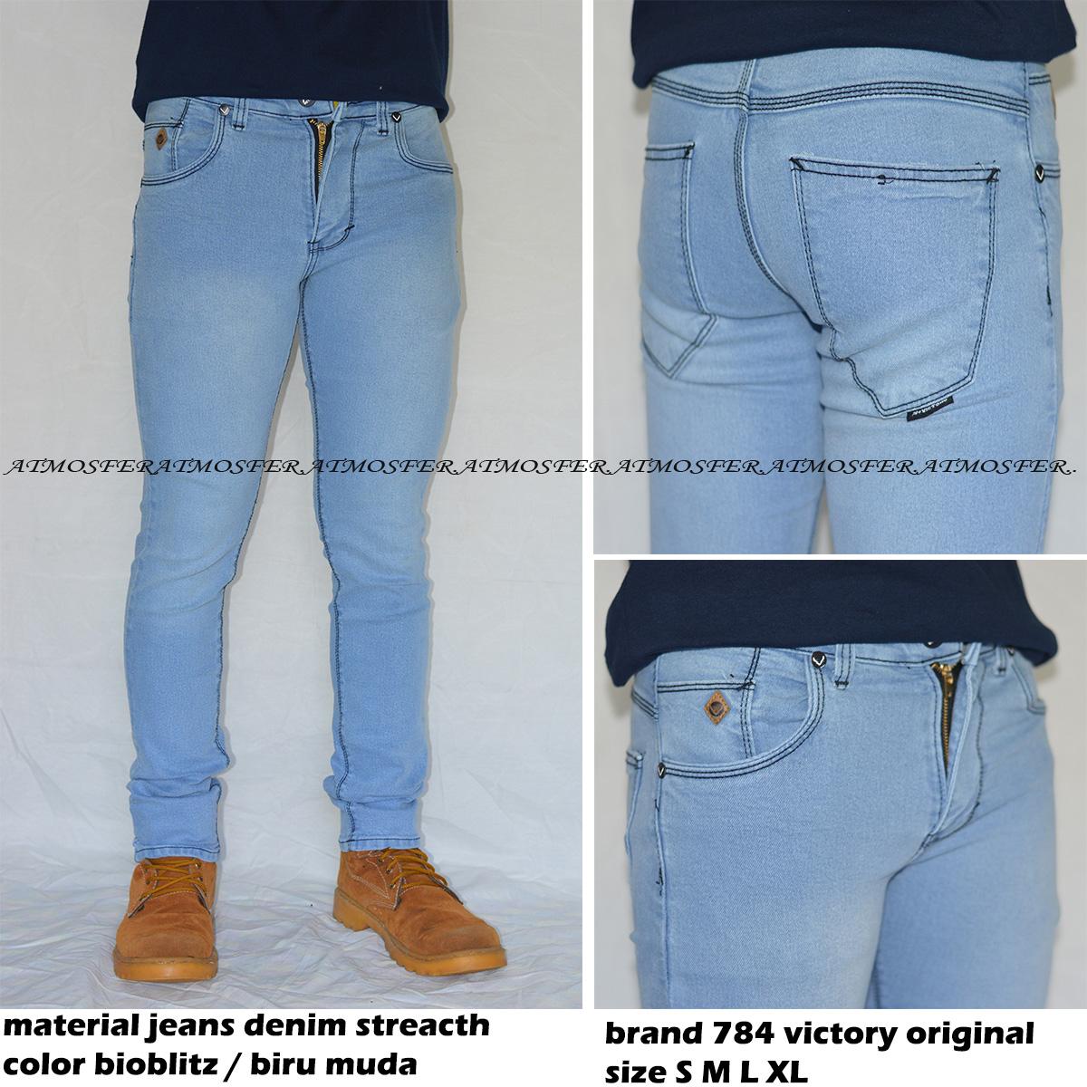 AMF celana jeans pria panjang pensil biru muda/biobleach 784 victory denim