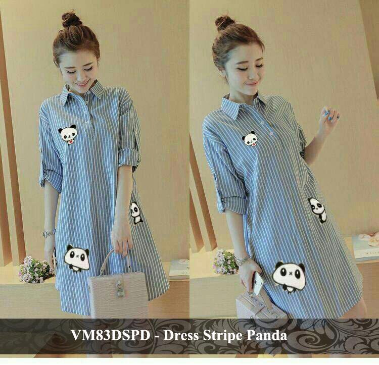 Vlovi Promo Dress Wanita Korea Murah Gaun kemeja tunik berkualitas VM83DSPD STRIPE PANDA