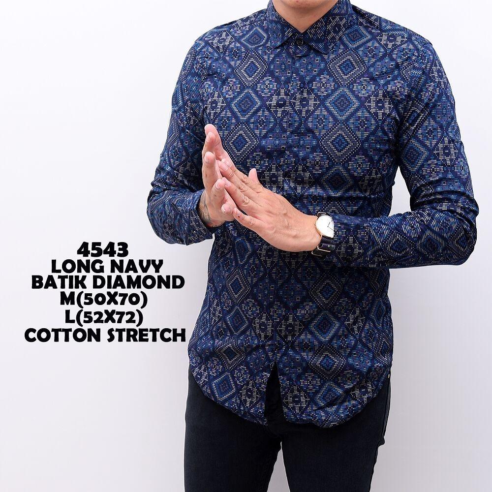 Kemeja batik songket pria lengan panjang - baju batik kemeja kerja slimfit diamond navy / biru dongker