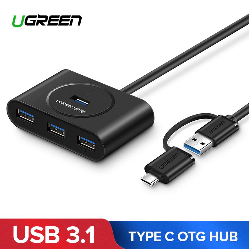 UGREEN 4 Port USB 3.0 Hub dengan Tipe-C USB 3.1 OTG Adapter Converter untuk USB-C Perangkat 12 Inch MacBook Baru, Chromebook Pixel, IMac, Permukaan, Lenovo YOGA